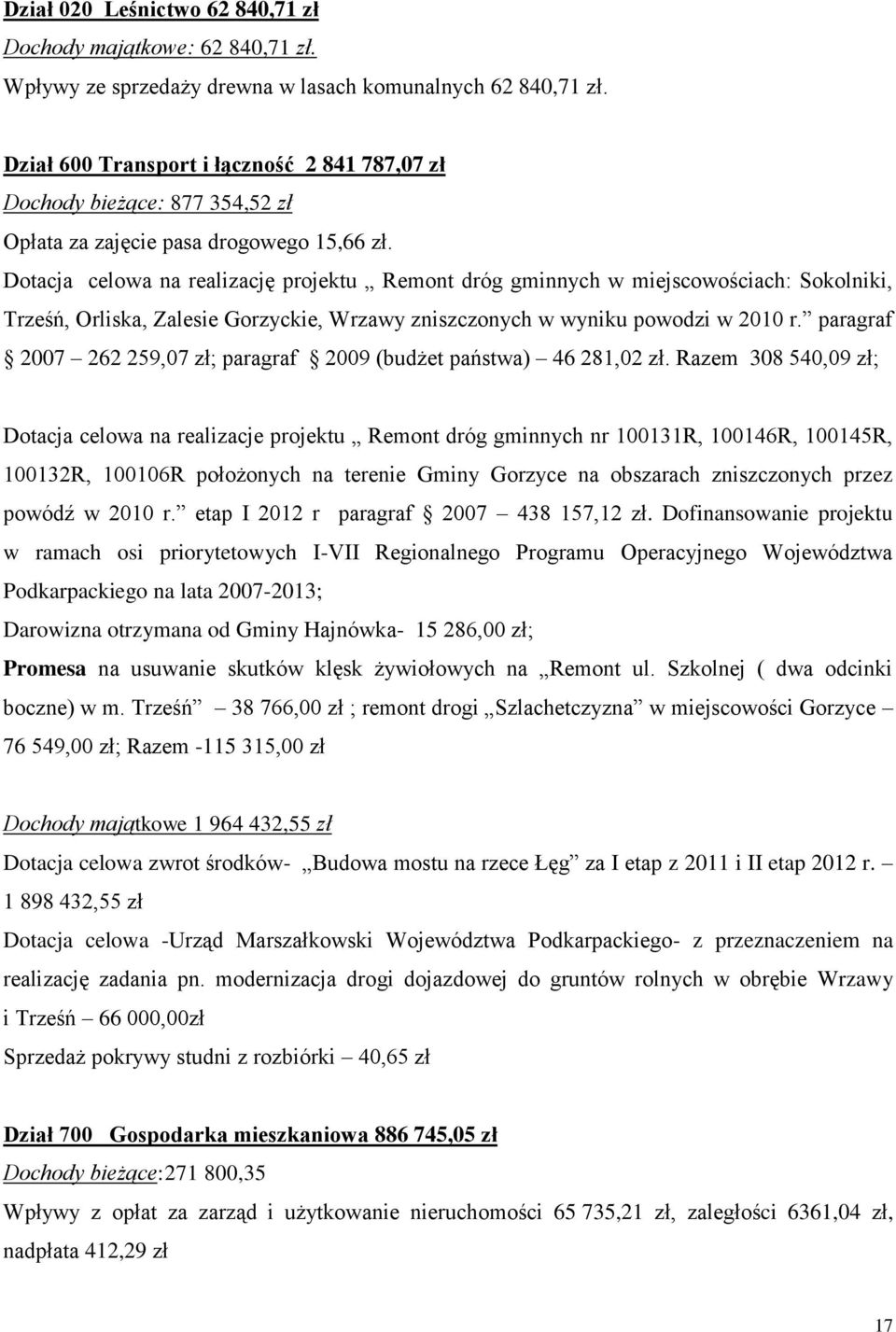 Dotacja celowa na realizację projektu Remont dróg gminnych w miejscowościach: Sokolniki, Trześń, Orliska, Zalesie Gorzyckie, Wrzawy zniszczonych w wyniku powodzi w 2010 r.