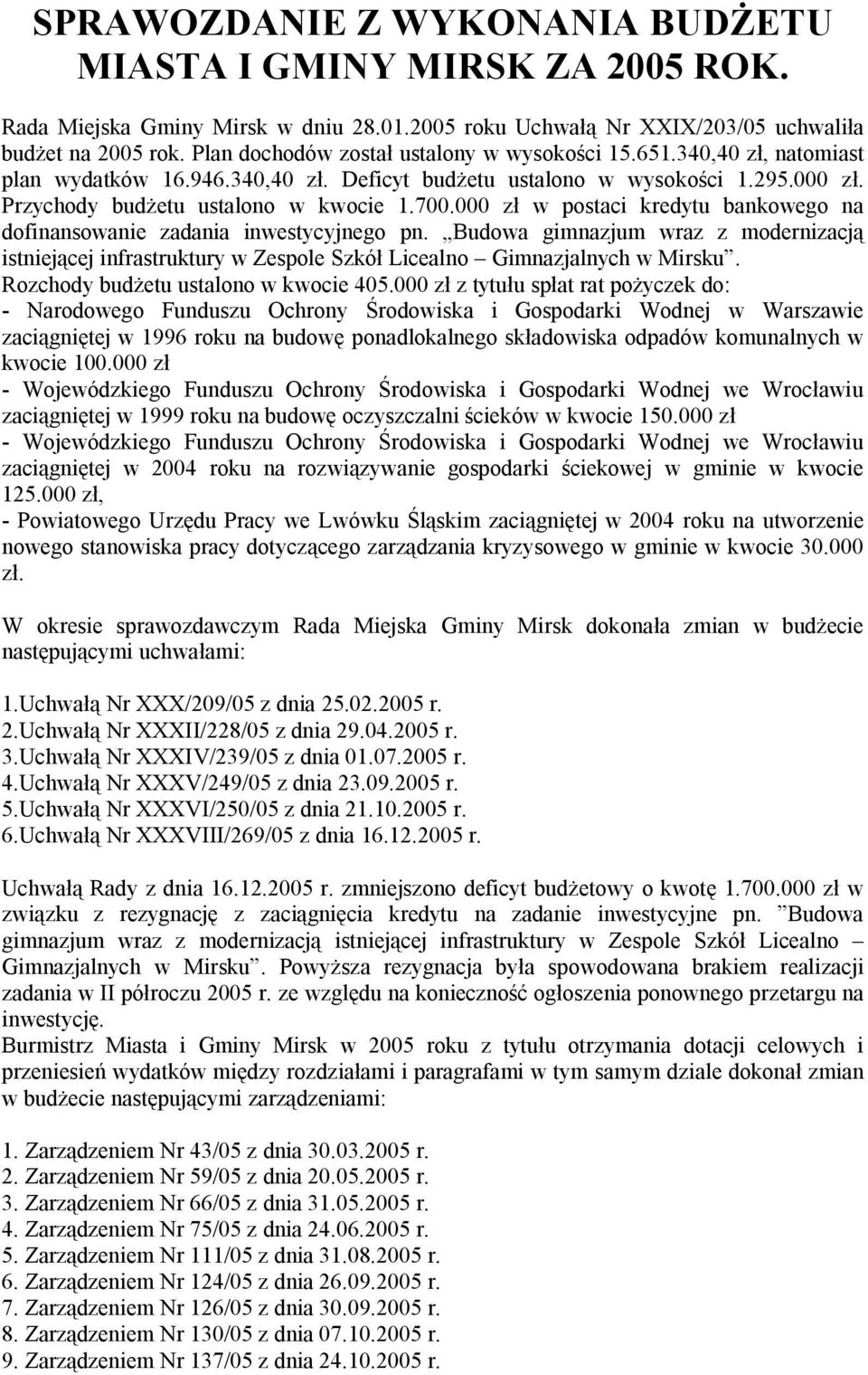 000 zł w postaci kredytu bankowego na dofinansowanie zadania inwestycyjnego pn. Budowa gimnazjum wraz z modernizacją istniejącej infrastruktury w Zespole Szkół Licealno Gimnazjalnych w Mirsku.