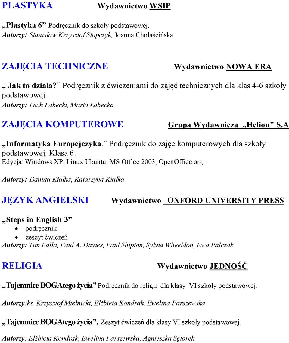 Podręcznik do zajęć komputerowych dla szkoły Klasa 6. Edycja: Windows XP, Linux Ubuntu, MS Office 2003, OpenOffice.