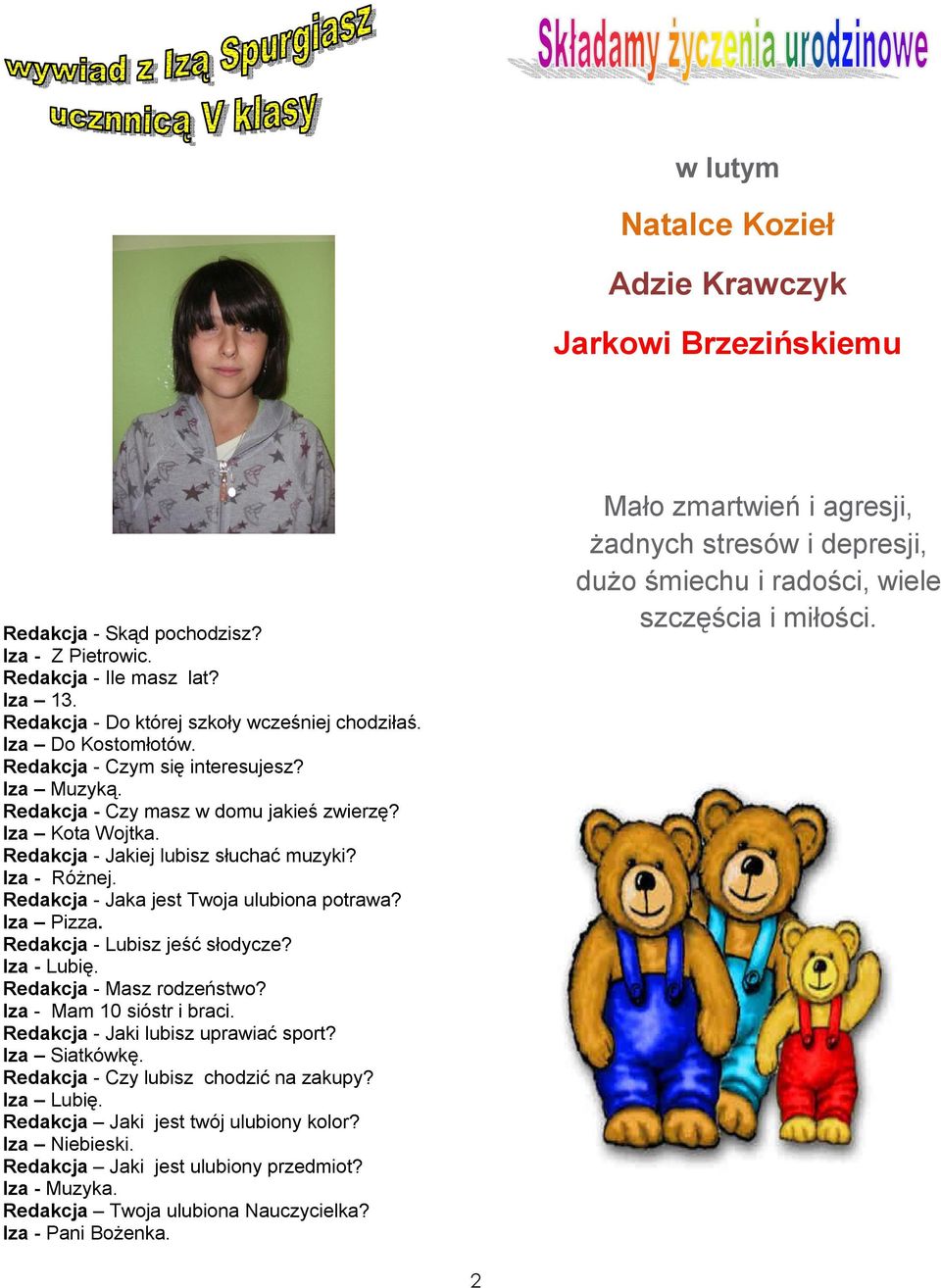 Redakcja - Jaka jest Twoja ulubiona potrawa? Iza Pizza. Redakcja - Lubisz jeść słodycze? Iza - Lubię. Redakcja - Masz rodzeństwo? Iza - Mam 10 sióstr i braci. Redakcja - Jaki lubisz uprawiać sport?