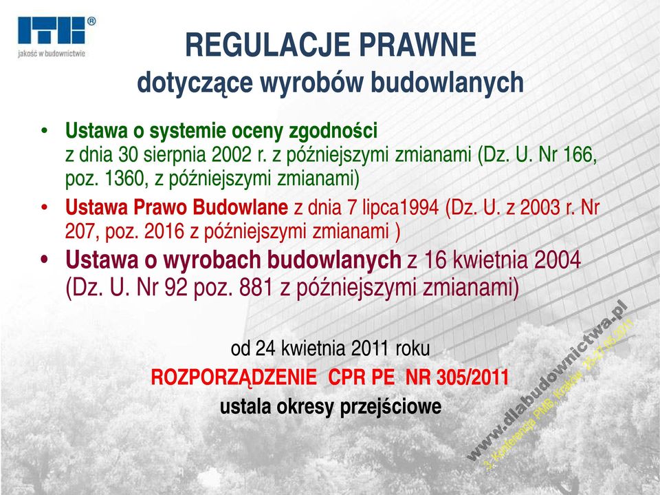 1360, z późniejszymi zmianami) Ustawa Prawo Budowlane z dnia 7 lipca1994 (Dz. U. z 2003 r. Nr 207, poz.