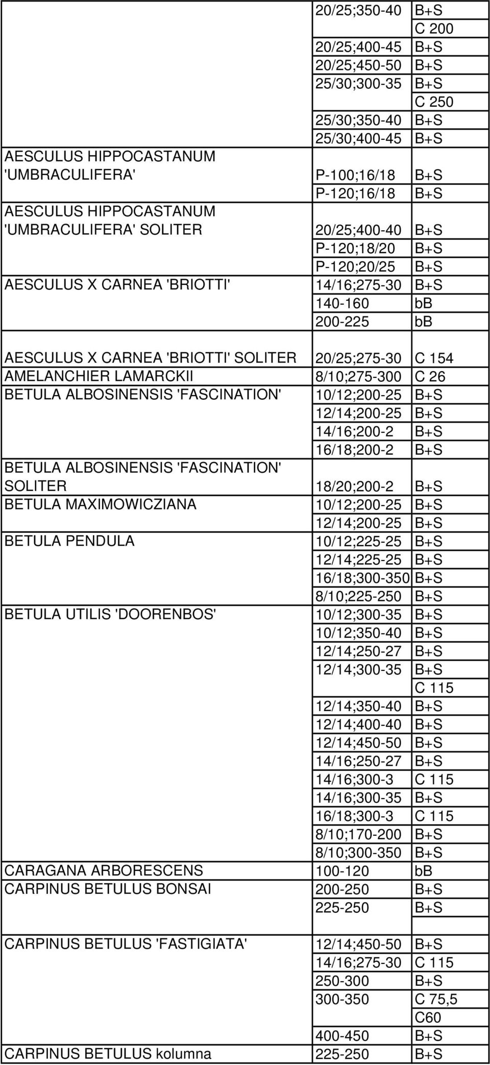 20/25;275-30 C 154 AMELANCHIER LAMARCKII 8/10;275-300 BETULA ALBOSINENSIS 'FASCINATION' 10/12;200-25 B+S 12/14;200-25 B+S 14/16;200-2 B+S 16/18;200-2 B+S BETULA ALBOSINENSIS 'FASCINATION' SOLITER