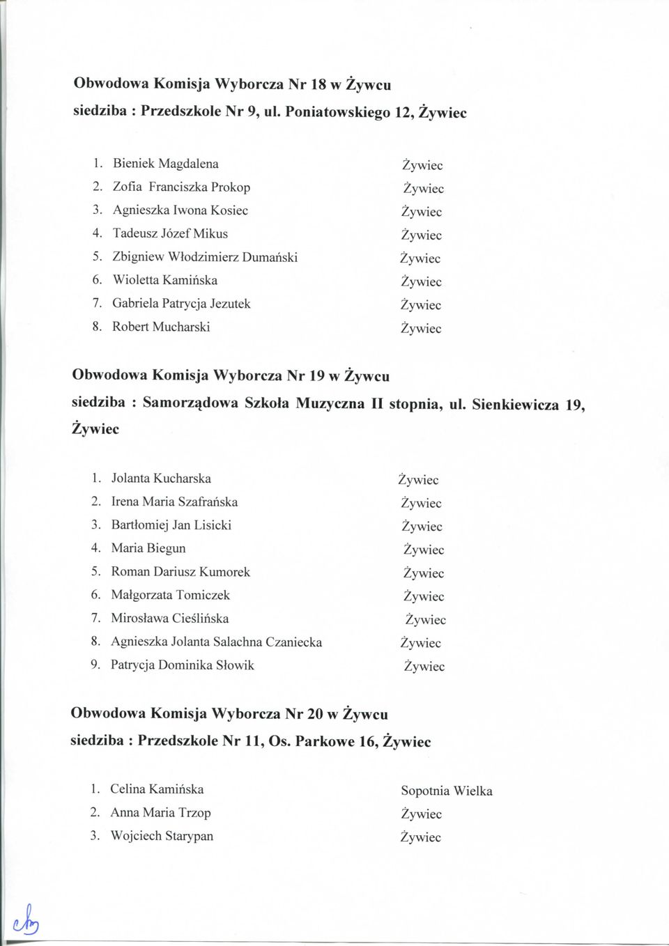 Sienldewicza 19, 1. Jolanta Kucharska 2. Irena Maria Szafi-anska 3. Bartlomiej Jan Lisicki 4. Maria Biegun 5. Roman Dariusz Kumorek 6. Malgorzata Tomiczek 7. Miroslawa Ciesliriska 8.