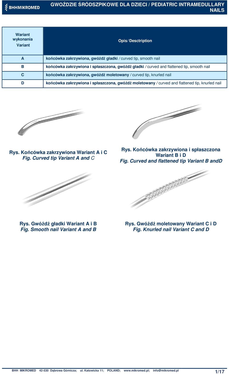 Końcówka zakrzywiona Wariant A i C Fig. Curved tip Variant A and C Rys. Końcówka zakrzywiona i spłaszczona Wariant B i D Fig. Curved and flattened tip Variant B andd Rys.