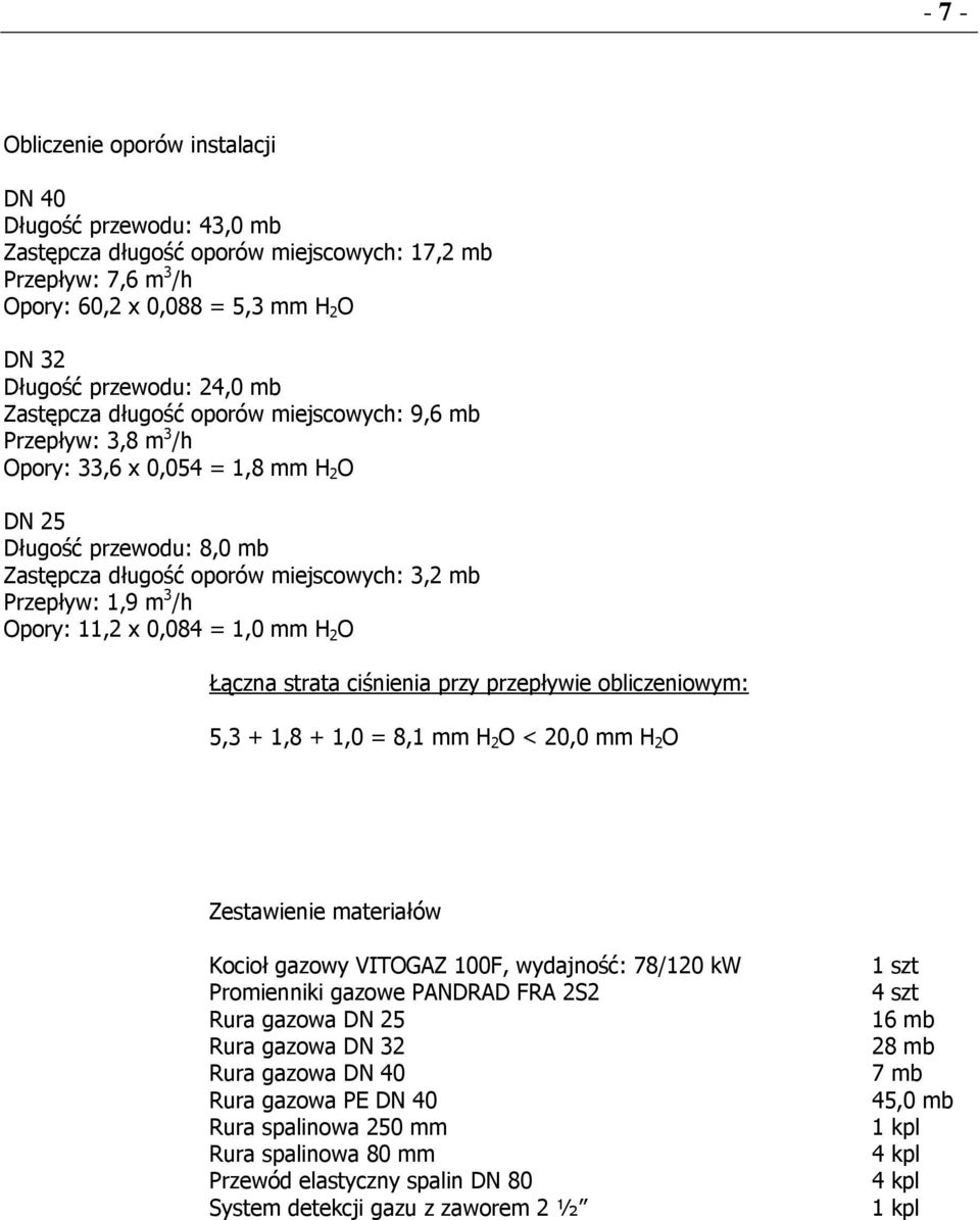 /h Opory: 11,2 x 0,084 = 1,0 mm H 2 O Łączna strata ciśnienia przy przepływie obliczeniowym: 5,3 + 1,8 + 1,0 = 8,1 mm H 2 O < 20,0 mm H 2 O Zestawienie materiałów Kocioł gazowy VITOGAZ 100F,