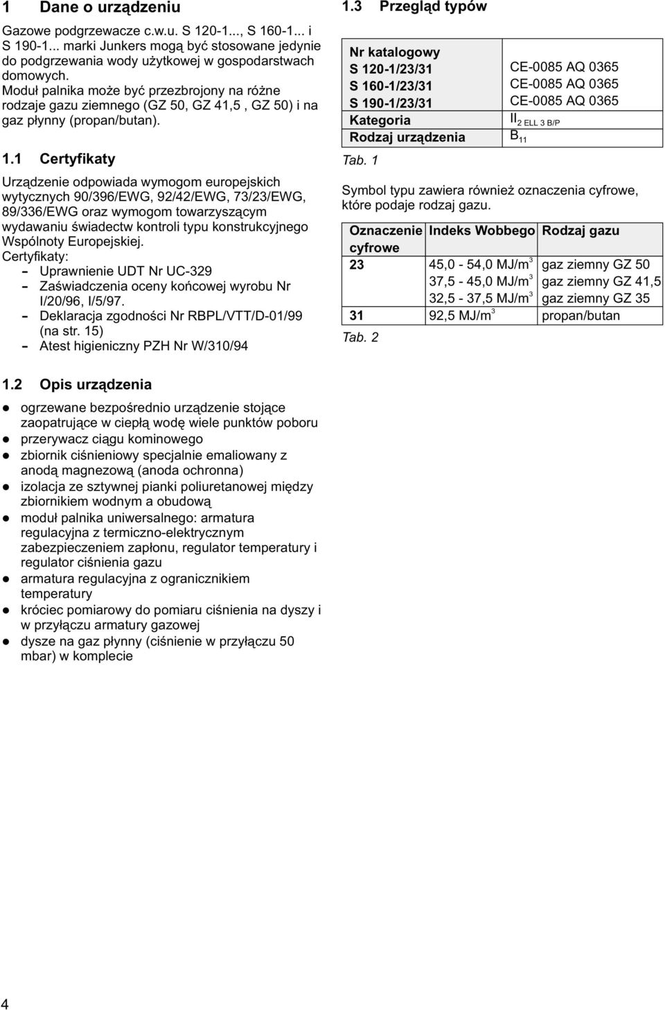 1 Certyfikaty Urz¹dzenie odpowiada wymogom europejskich wytycznych 90/96/EWG, 92/42/EWG, 7/2/EWG, 89/6/EWG oraz wymogom towarzysz¹cym wydawaniu œwiadectw kontroli typu konstrukcyjnego Wspólnoty