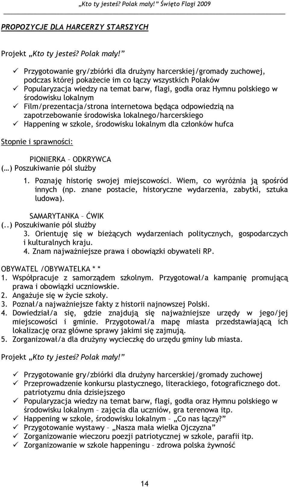 środowisku lokalnym Film/prezentacja/strona internetowa będąca odpowiedzią na zapotrzebowanie środowiska lokalnego/harcerskiego Happening w szkole, środowisku lokalnym dla członków hufca Stopnie i