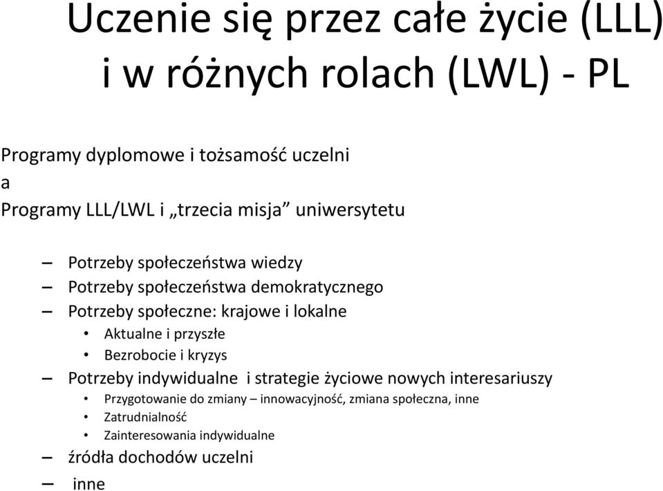 i lokalne Aktualne i przyszłe Bezrobocie i kryzys Potrzeby indywidualne i strategie życiowe nowych interesariuszy