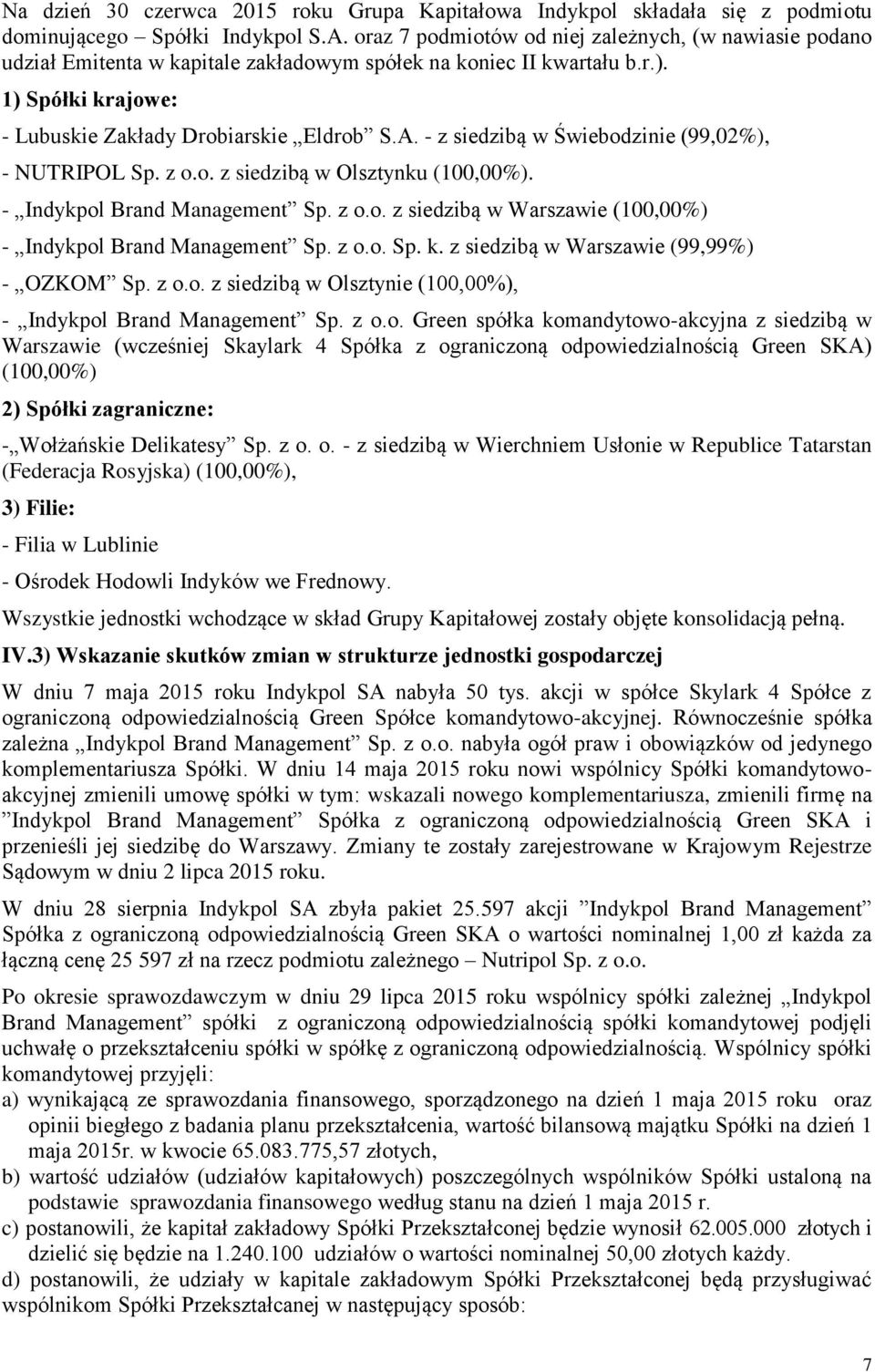 - z siedzibą w Świebodzinie (99,02%), - NUTRIPOL Sp. z o.o. z siedzibą w Olsztynku (100,00%). - Indykpol Brand Management Sp. z o.o. z siedzibą w Warszawie (100,00%) - Indykpol Brand Management Sp.