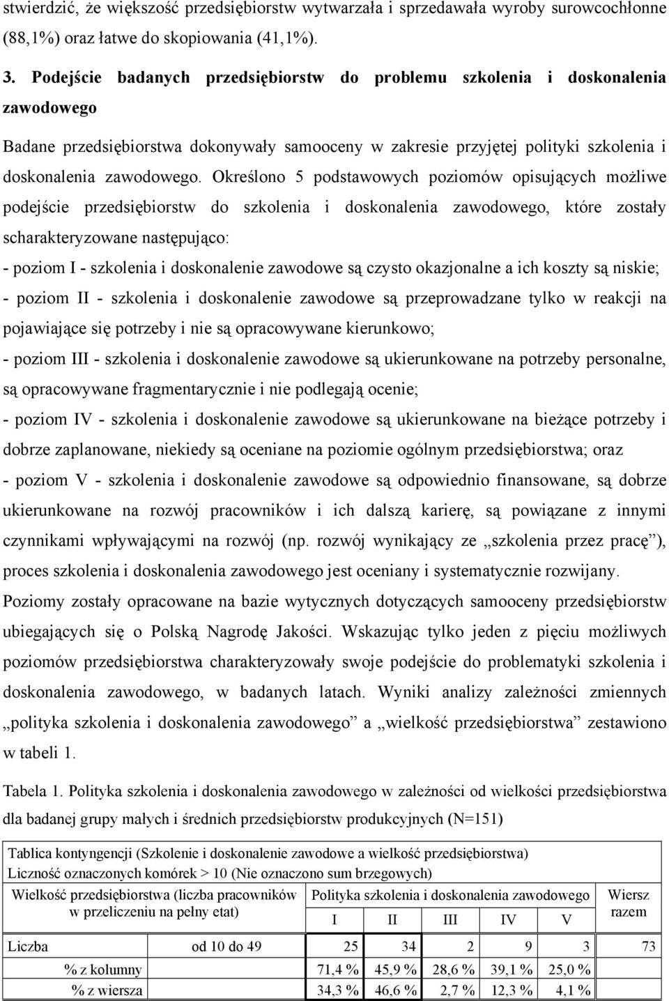 Określono 5 podstawowych poziomów opisujących możliwe podejście przedsiębiorstw do szkolenia i doskonalenia zawodowego, które zostały scharakteryzowane następująco: - poziom I - szkolenia i