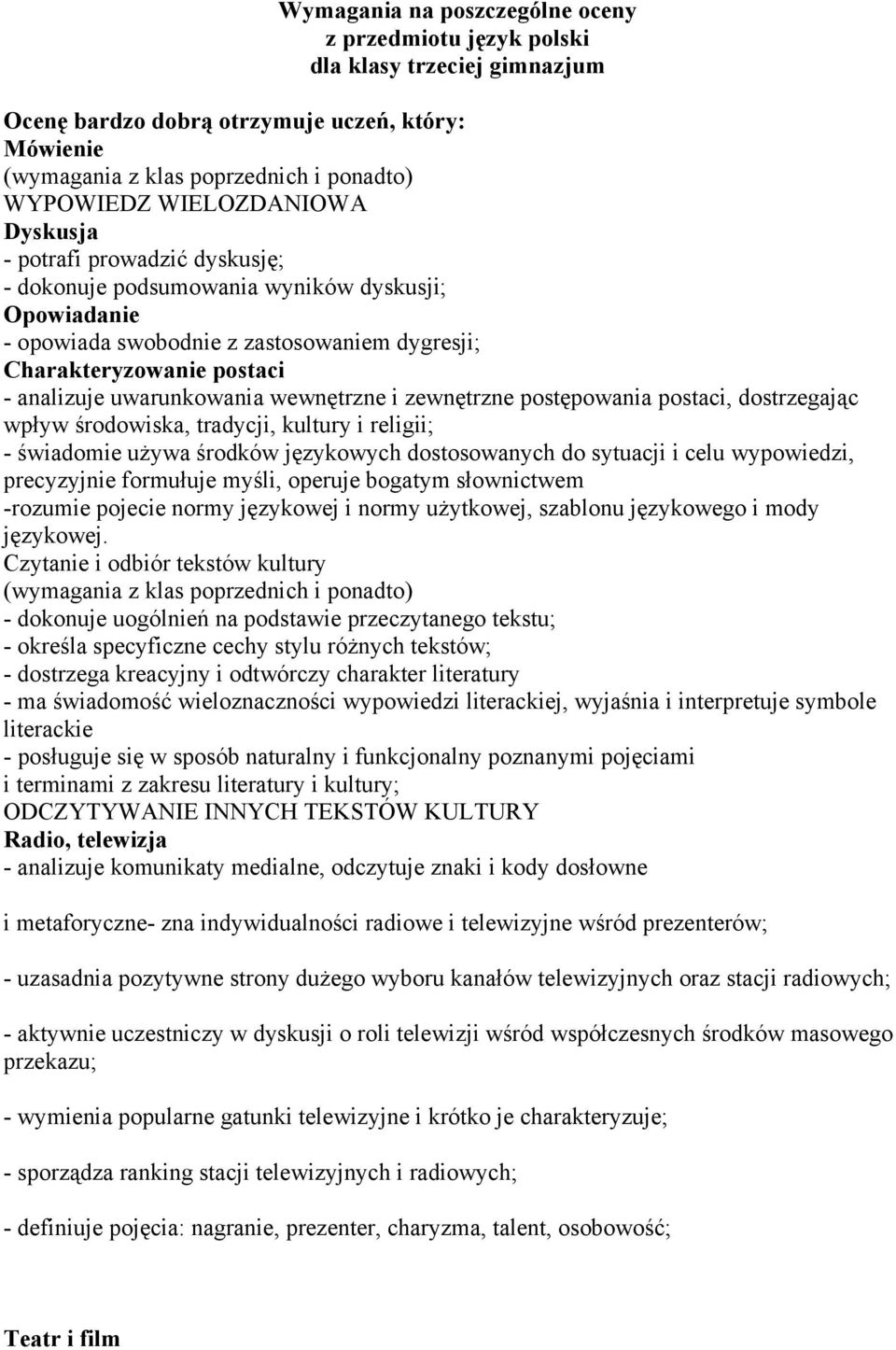 postaci, dostrzegając wpływ środowiska, tradycji, kultury i religii; - świadomie używa środków językowych dostosowanych do sytuacji i celu wypowiedzi, precyzyjnie formułuje myśli, operuje bogatym