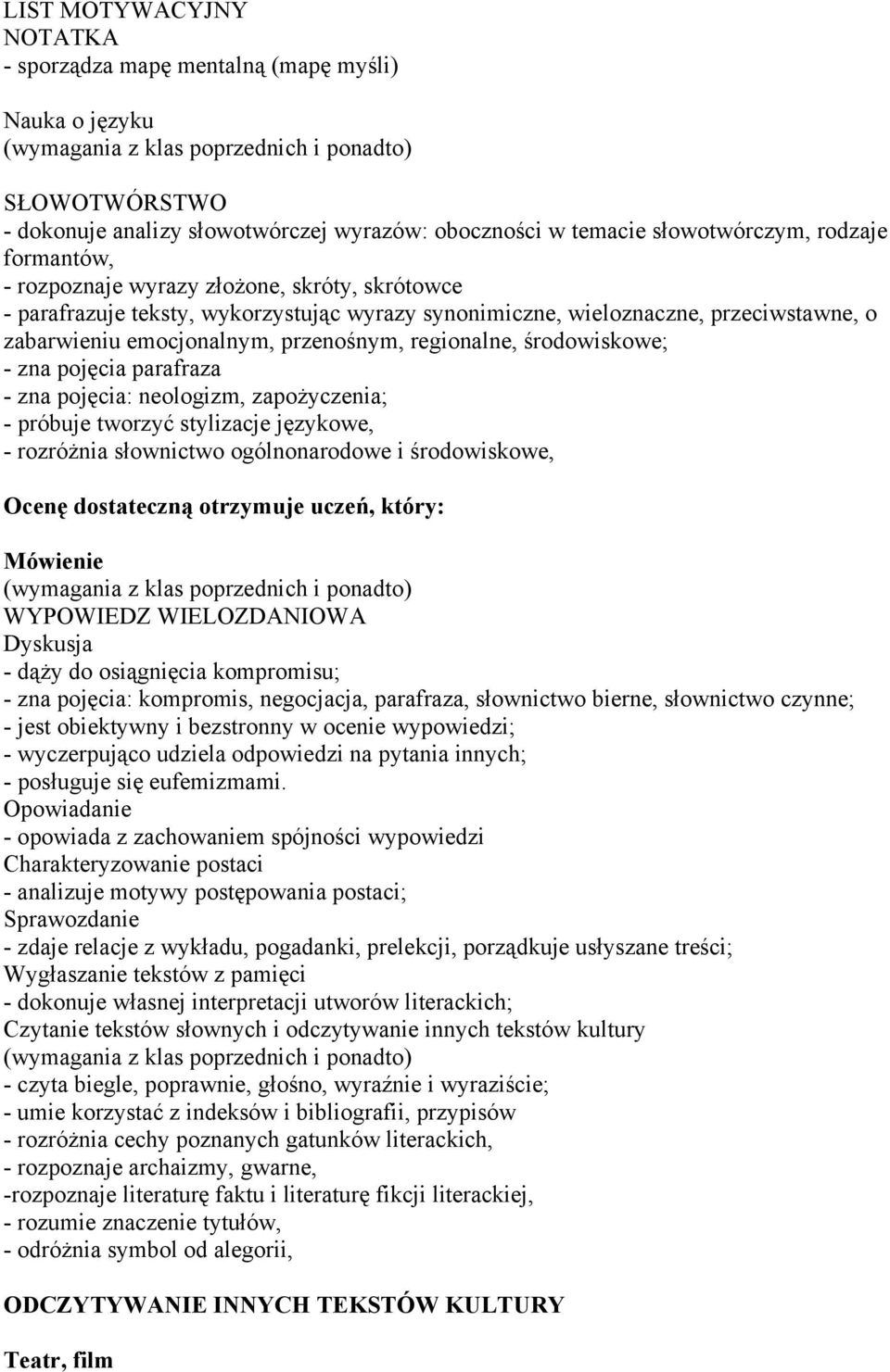 zna pojęcia parafraza - zna pojęcia: neologizm, zapożyczenia; - próbuje tworzyć stylizacje językowe, - rozróżnia słownictwo ogólnonarodowe i środowiskowe, Ocenę dostateczną otrzymuje uczeń, który: