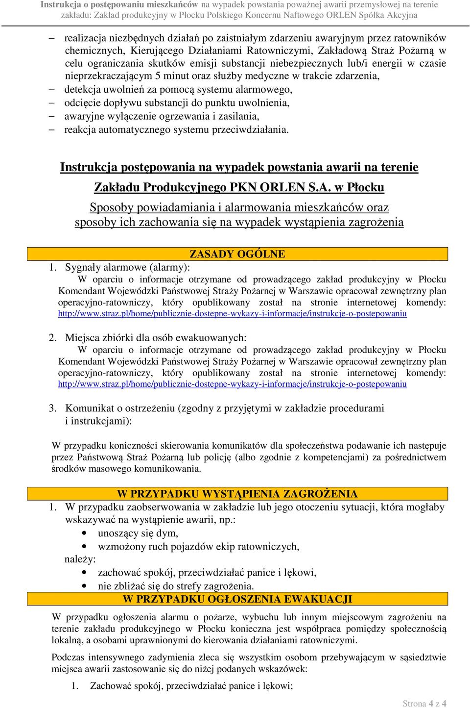 punktu uwolnienia, awaryjne wyłączenie ogrzewania i zasilania, reakcja automatycznego systemu przeciwdziałania.