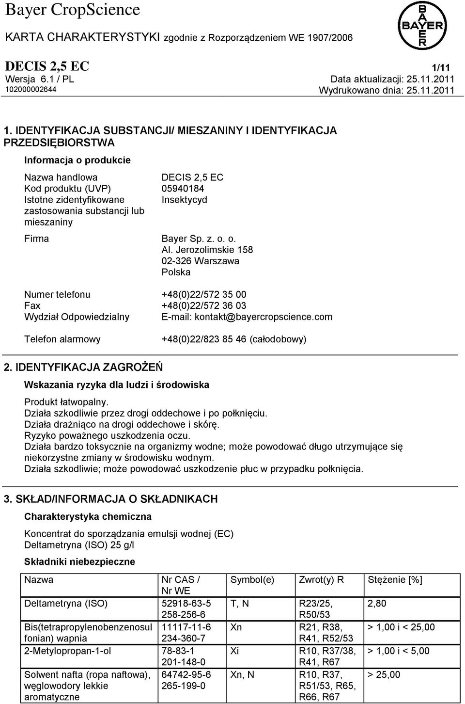 substancji lub mieszaniny Firma Bayer Sp. z. o. o. Al.