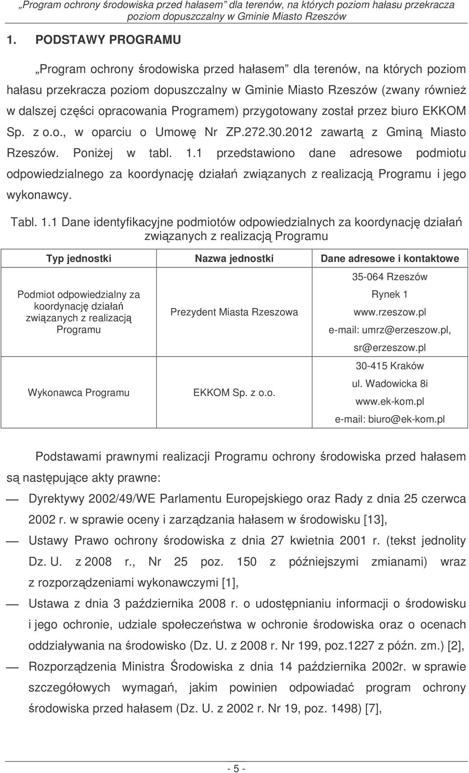1 przedstawiono dane adresowe podmiotu odpowiedzialnego za koordynacj działa zwizanych z realizacj Programu i jego wykonawcy. Tabl. 1.