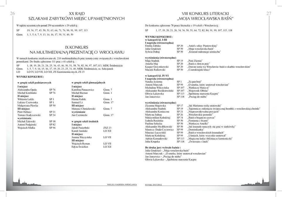 1, 3, 5, 6, 7, 9, 13, 14, 16, 17, 30, 31, 40, 50 IX KONKURS NA MULTIMEDIALNĄ PREZENTACJĘ O WROCŁAWIU W ramach konkursu zrealizowano ok.