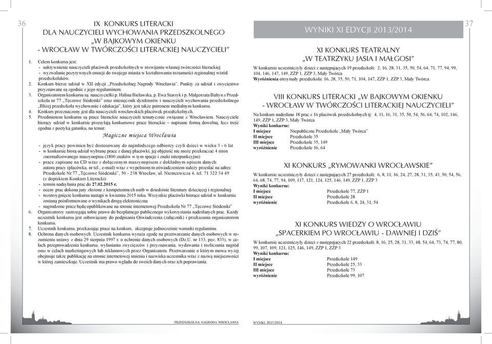 tożsamości regionalnej wśród przedszkolaków. Konkurs bierze udział w XII edycji Przedszkolnej Nagrody Wrocławia. Punkty za udział i zwycięstwo przyznawane są zgodnie z jego regulaminem.