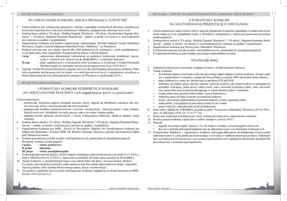 Konkurs bierze udział w XX edycji Wielkiej Nagrody Wrocławia, XII edycji Przedszkolnej Nagrody Wrocławia i VII edycji Magnum Praemium Wratislaviae - punkty za udział i zwycięstwo w tych konkursach
