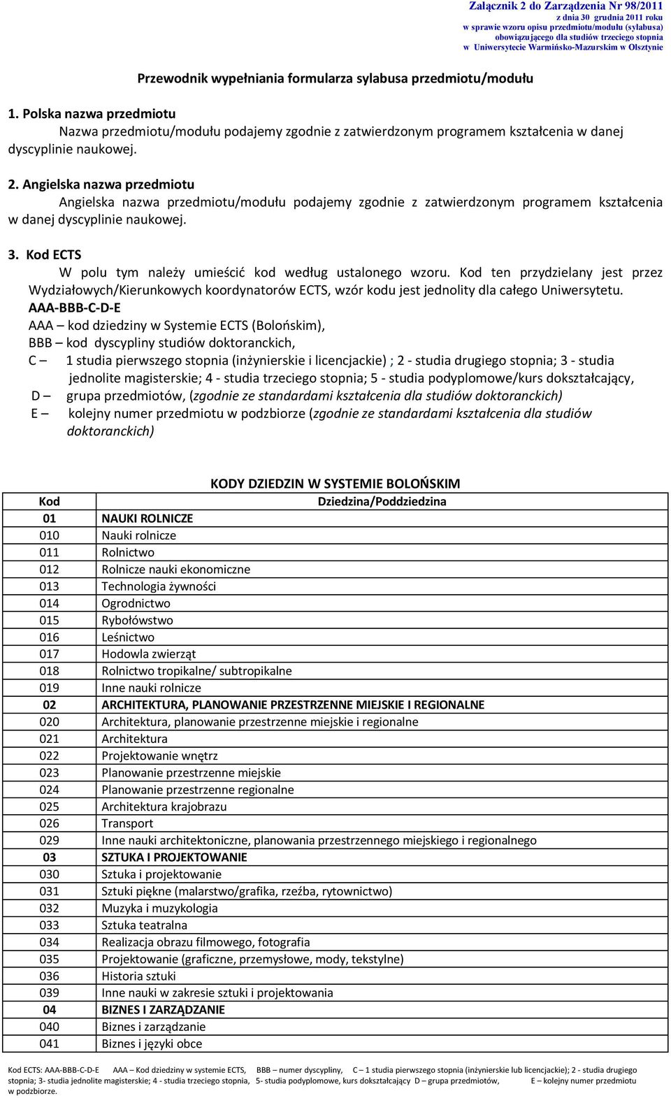 Polska nazwa przedmiotu Nazwa przedmiotu/modułu podajemy zgodnie z zatwierdzonym programem kształcenia w danej dyscyplinie naukowej. 2.