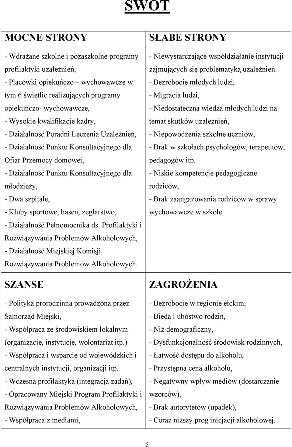 Kluby sportowe, basen, żeglarstwo, - Działalność Pełnomocnika ds. Profilaktyki i Rozwiązywania Problemów Alkoholowych, - Działalność Miejskiej Komisji Rozwiązywania Problemów Alkoholowych.