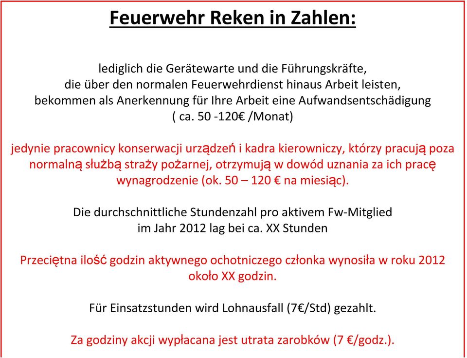 50-120 /Monat) jedynie pracownicy konserwacji urządzeńi kadra kierowniczy, którzy pracująpoza normalną służbą straży pożarnej, otrzymują w dowód uznania za ich pracę