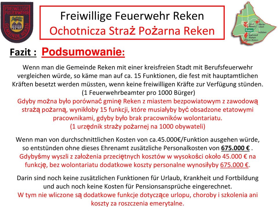 (1 Feuerwehrbeamter pro 1000 Bürger) Gdyby można było porównać gminę Reken z miastem bezpowiatowym z zawodową strażąpożarną, wynikłoby 15 funkcji, które musiałyby byćobsadzone etatowymi pracownikami,