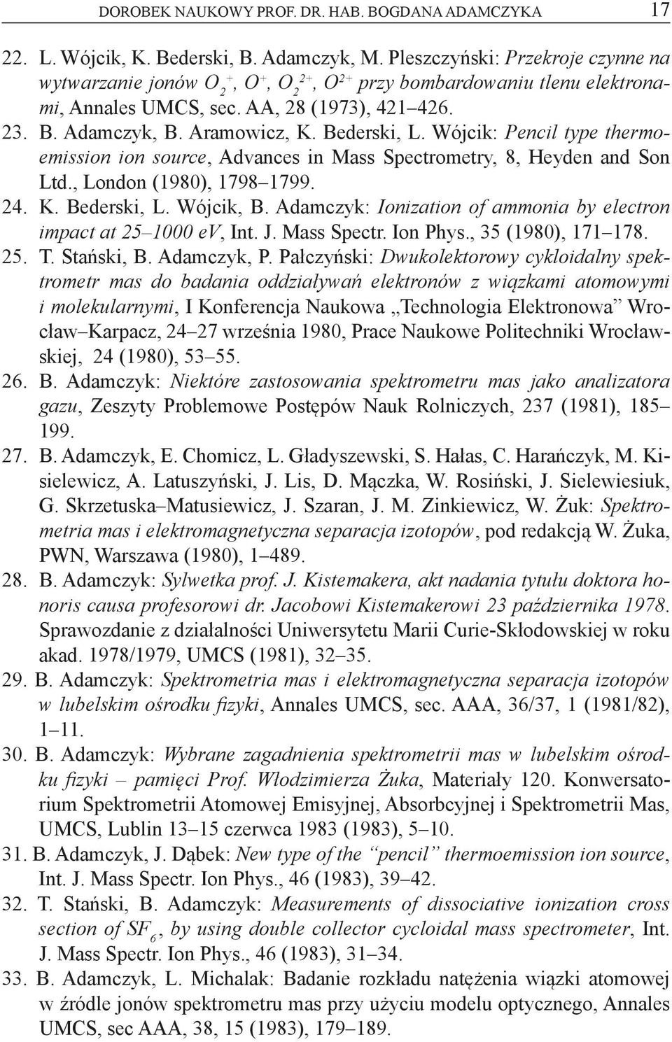 Wójck: Pencl type thermoemsson on source, Advances n Mass Spectrometry, 8, Heyden and Son Ltd., London (1980), 1798 1799. 4. K. Bedersk, L. Wójck, B.