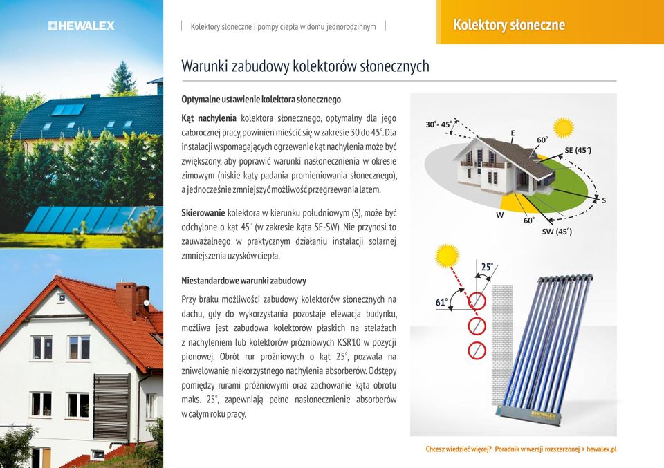 Dla instalacji wspmagających grzewanie kąt nachylenia mże być zwiększny, aby pprawić warunki nasłnecznienia w kresie zimwym (niskie kąty padania prmieniwania słneczneg), a jedncześnie zmniejszyć