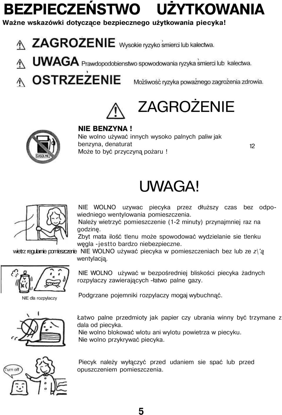 Należy wietrzyć pomieszczenie (1-2 minuty) przynajmniej raz na godzinę. Zbyt mata ilość tlenu może spowodować wydzielanie sie tlenku węgla -jestto bardzo niebezpieczne.