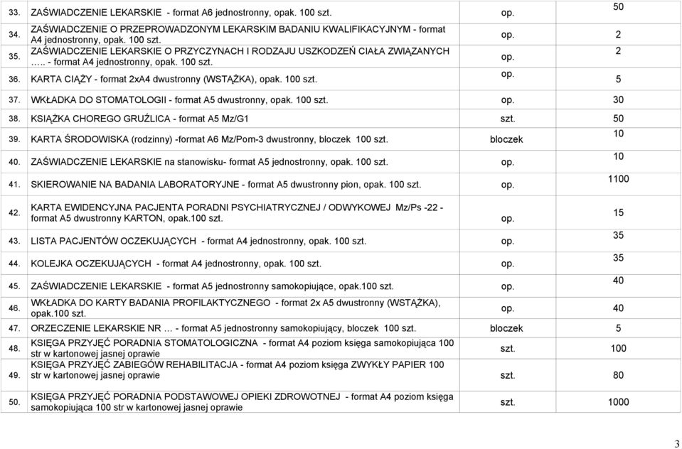 . - format A4 jednostronny, 36. KARTA CIĄŻY - format xa4 dwustronny (WSTĄŻKA), 37. WKŁADKA DO STOMATOLOGII - format A dwustronny, 30 38. KSIĄŻKA CHOREGO GRUŹLICA - format A Mz/G1 0 39.