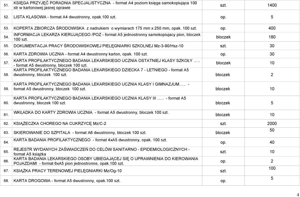 DOKUMENTACJA PRACY ŚRODOWISKOWEJ PIELĘGNIARKI SZKOLNEJ Mz-3-90/Hsz- 30 6. KARTA ZDROWIA UCZNIA - format A4 dwustronny karton, 30 7. 8.