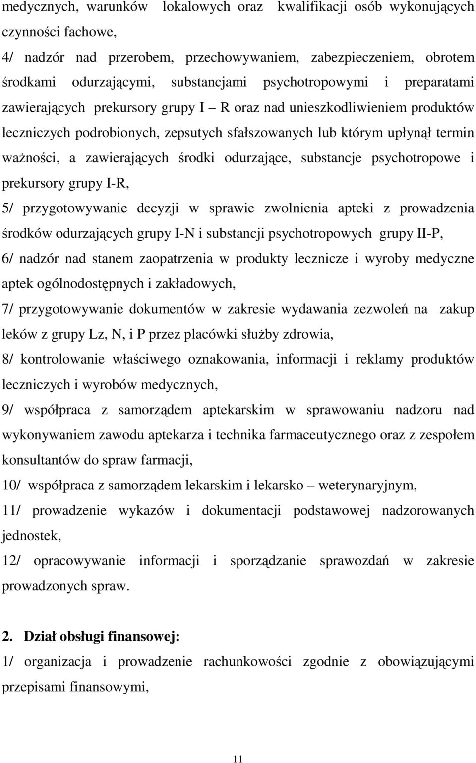 zawierających środki odurzające, substancje psychotropowe i prekursory grupy I-R, 5/ przygotowywanie decyzji w sprawie zwolnienia apteki z prowadzenia środków odurzających grupy I-N i substancji