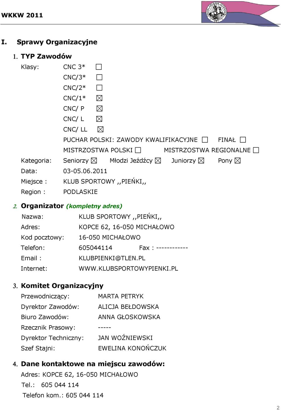 Pony Data: 03-.2011 Miejsce : KLUB SPORTOWY,,PIEŃKI,, Region : PODLASKIE 2.