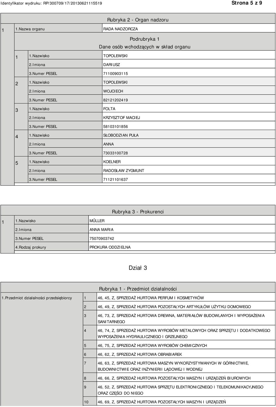 Nazwisko KOELNER RADOSŁAW ZYGMUNT 3.Numer PESEL 71121101637 Rubryka 3 - Prokurenci 1 1.Nazwisko MŰLLER ANNA MARIA 3.Numer PESEL 75070903742 4.