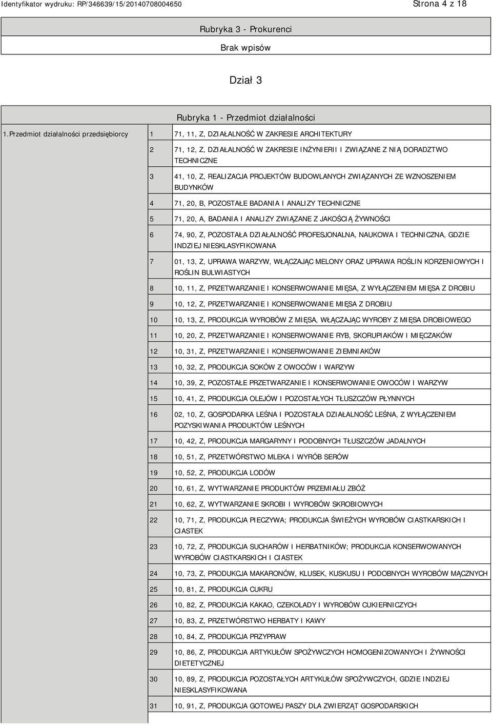 PROJEKTÓW BUDOWLANYCH ZWIĄZANYCH ZE WZNOSZENIEM BUDYNKÓW 4 71, 20, B, POZOSTAŁE BADANIA I ANALIZY TECHNICZNE 5 71, 20, A, BADANIA I ANALIZY ZWIĄZANE Z JAKOŚCIĄ ŻYWNOŚCI 6 74, 90, Z, POZOSTAŁA