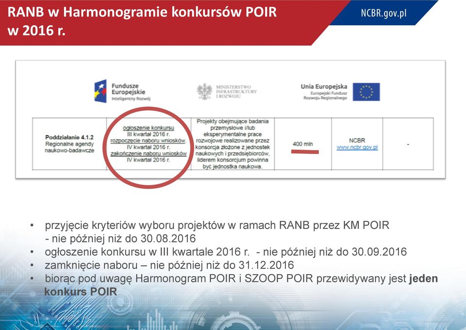 30.08.2016 ogłoszenie konkursu w III kwartale 2016 r. - nie później niż do 30.09.