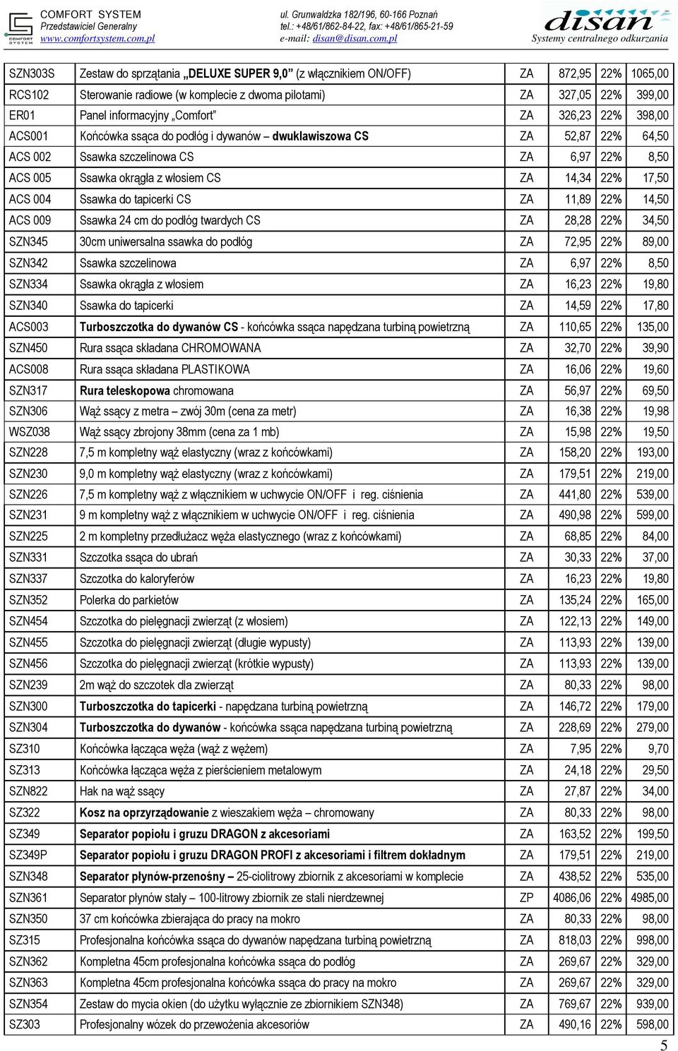 22% 17,50 ACS 004 Ssawka do tapicerki CS ZA 11,89 22% 14,50 ACS 009 Ssawka 24 cm do podłóg twardych CS ZA 28,28 22% 34,50 SZN345 30cm uniwersalna ssawka do podłóg ZA 72,95 22% 89,00 SZN342 Ssawka