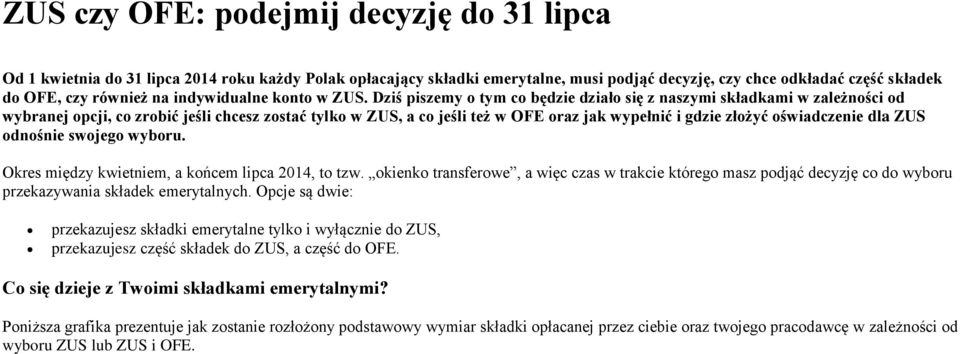 Dziś piszemy o tym co będzie działo się z naszymi składkami w zależności od wybranej opcji, co zrobić jeśli chcesz zostać tylko w ZUS, a co jeśli też w OFE oraz jak wypełnić i gdzie złożyć