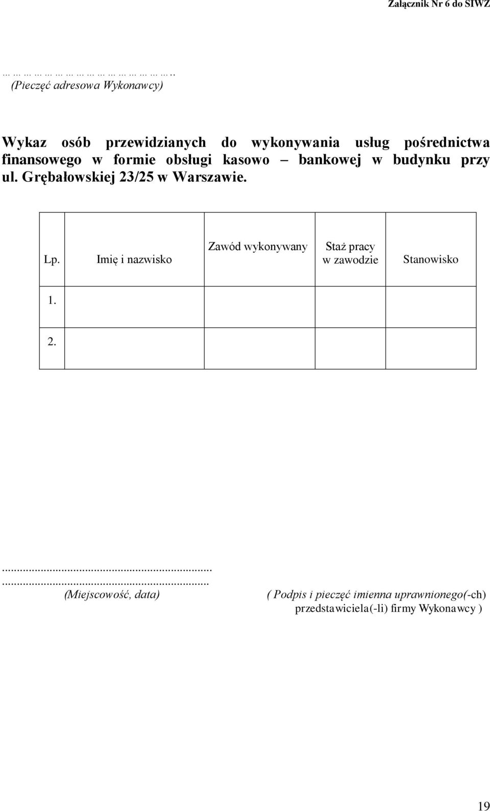 finansowego w formie obsługi kasowo bankowej w budynku przy ul. Grębałowskiej 23/25 w Warszawie. Lp.