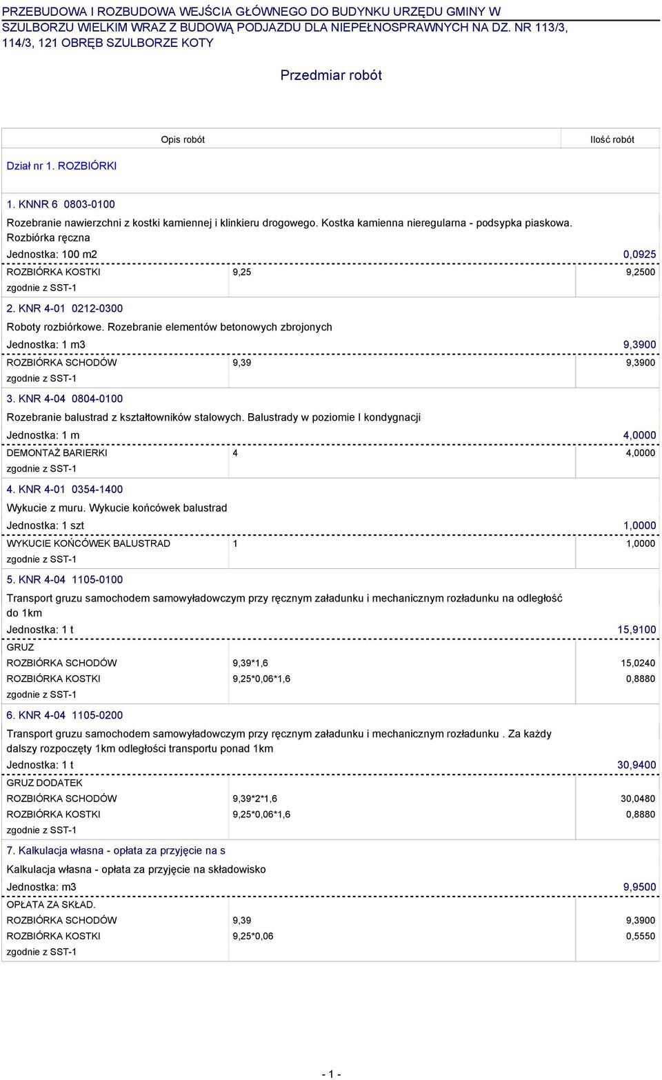 Kostka kamienna nieregularna - podsypka piaskowa. Rozbiórka ręczna Jednostka: 100 m2 0,0925 ROZBIÓRKA KOSTKI 9,25 9,2500 2. KNR 4-01 0212-0300 Roboty rozbiórkowe.