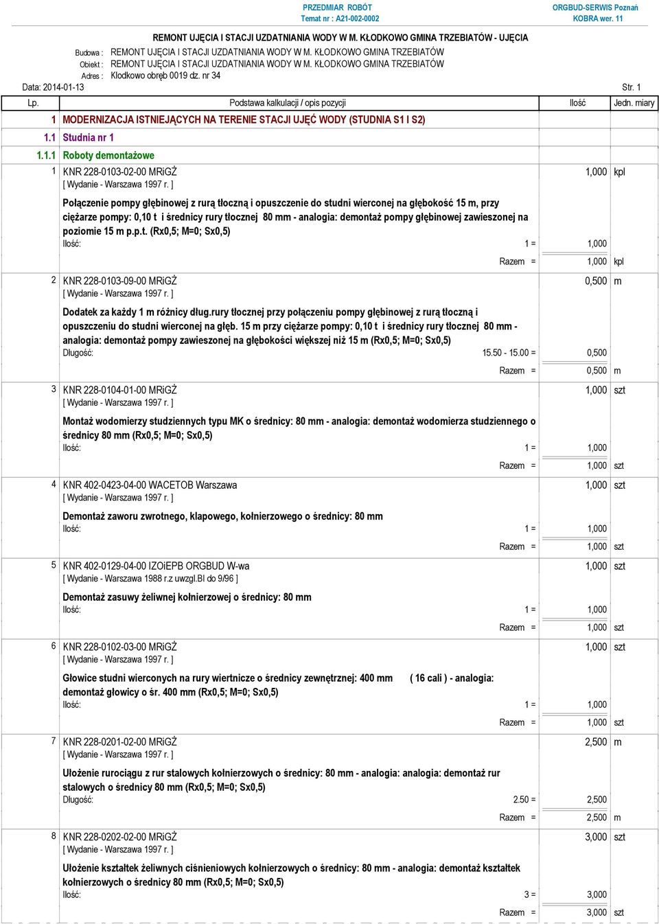 -01-13 Str. 1 1 MODERNIZACJA ISTNIEJĄCYCH NA TERENIE STACJI UJĘĆ WODY (STUDNIA S1 I S2) 1.1 Studnia nr 1 1.1.1 Roboty demontażowe 1 KNR 228-0103-02-00 MRiGŻ 1,000 kpl Połączenie pompy głębinowej z