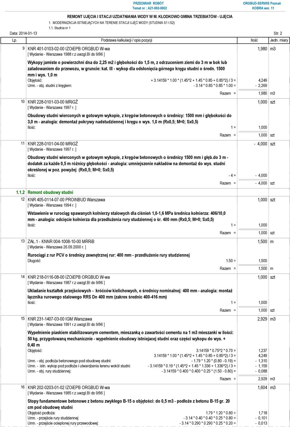 III - wykop dla odsłonięcia górnego kręgu studni o średn. 1500 mm i wys. 1,0 m Objętość: + 3.14159 * 1.00 * (1.45^2 + 1.45 * 0.85 + 0.85^2) / 3 = 4,249 Umn. - obj. studni z kręgiem: - 3.14 * 0.85 * 0.