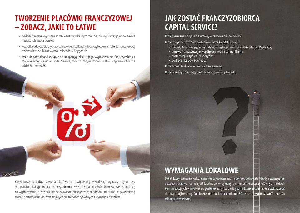 Franczyzobiorca ma możliwość zlecenia Capital Service, co w znacznym stopniu ułatwi i usprawni otwarcie oddziału KredytOK. JAK ZOSTAĆ FRANCZYZOBIORCĄ CAPITAL SERVICE? Krok pierwszy.