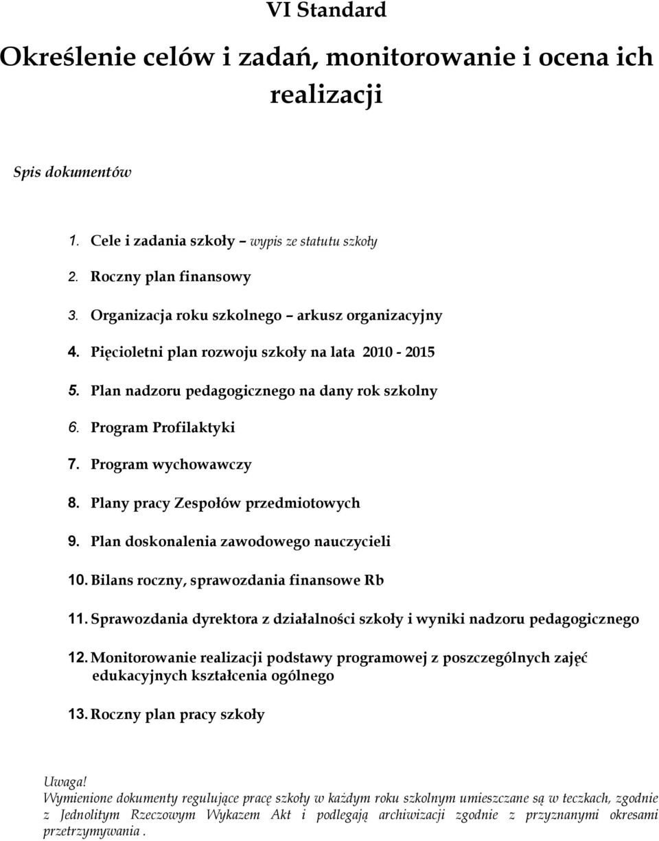 Program wychowawczy 8. Plany pracy Zespołów przedmiotowych 9. Plan doskonalenia zawodowego nauczycieli 10. Bilans roczny, sprawozdania finansowe Rb 11.