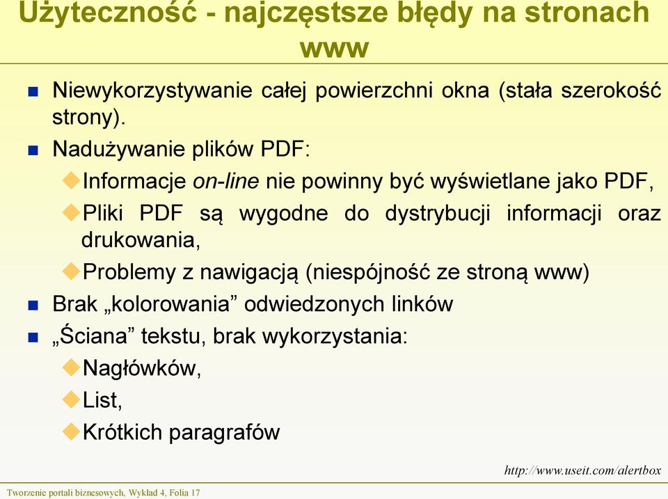 informacji oraz drukowania, Problemy z nawigacją (niespójność ze stroną www) Brak kolorowania odwiedzonych linków Ściana