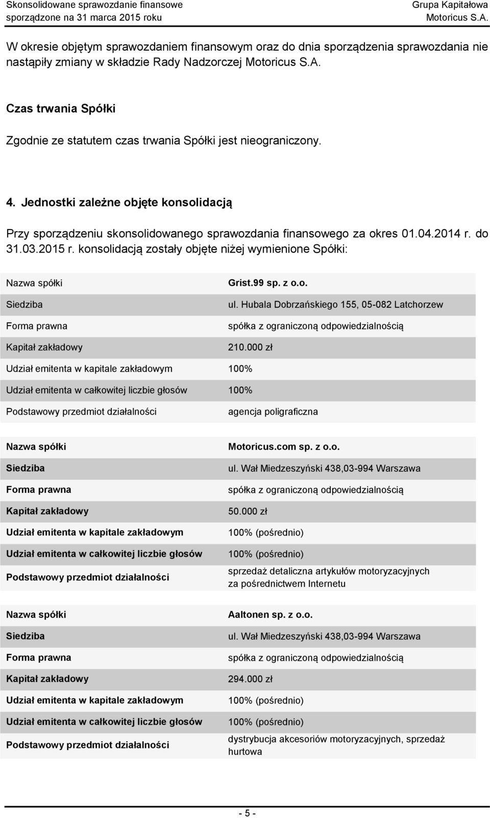 konsolidacją zostały objęte niżej wymienione Spółki: Nazwa spółki Siedziba Forma prawna Kapitał zakładowy Grist.99 ul.