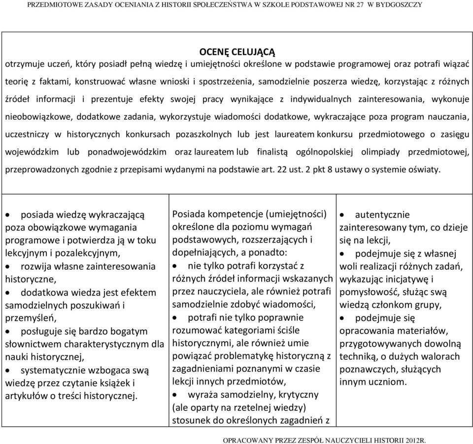 wykorzystuje wiadomości dodatkowe, wykraczające poza program nauczania, uczestniczy w historycznych konkursach pozaszkolnych lub jest laureatem konkursu przedmiotowego o zasięgu wojewódzkim lub