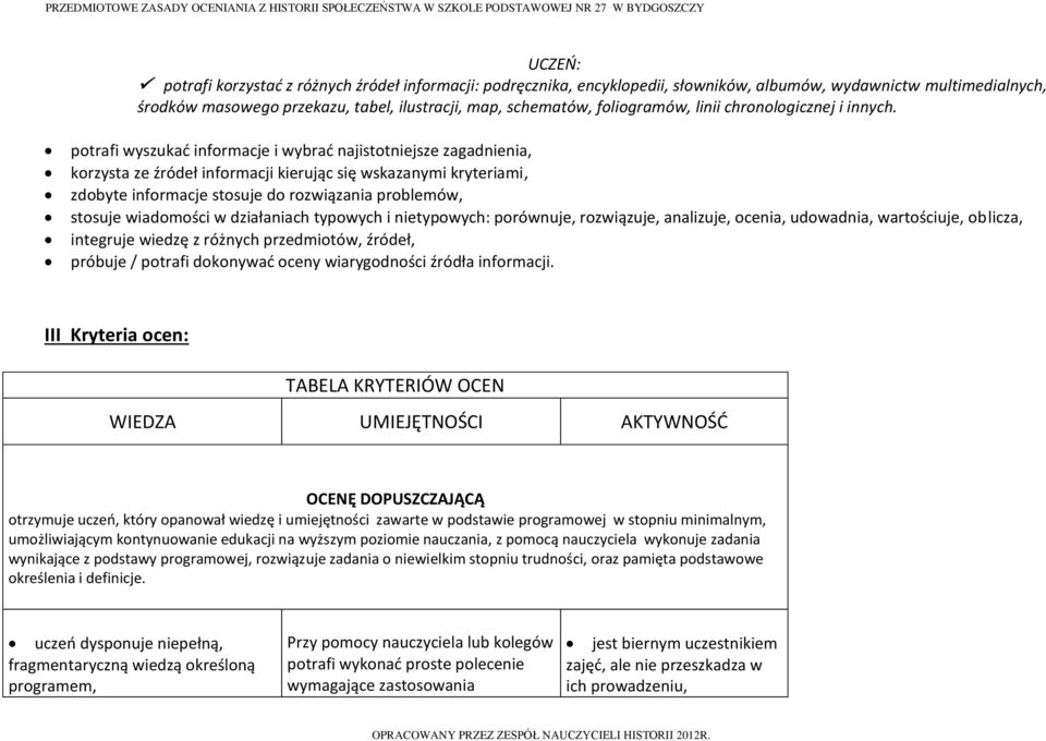 potrafi wyszukać informacje i wybrać najistotniejsze zagadnienia, korzysta ze źródeł informacji kierując się wskazanymi kryteriami, zdobyte informacje stosuje do rozwiązania problemów, stosuje