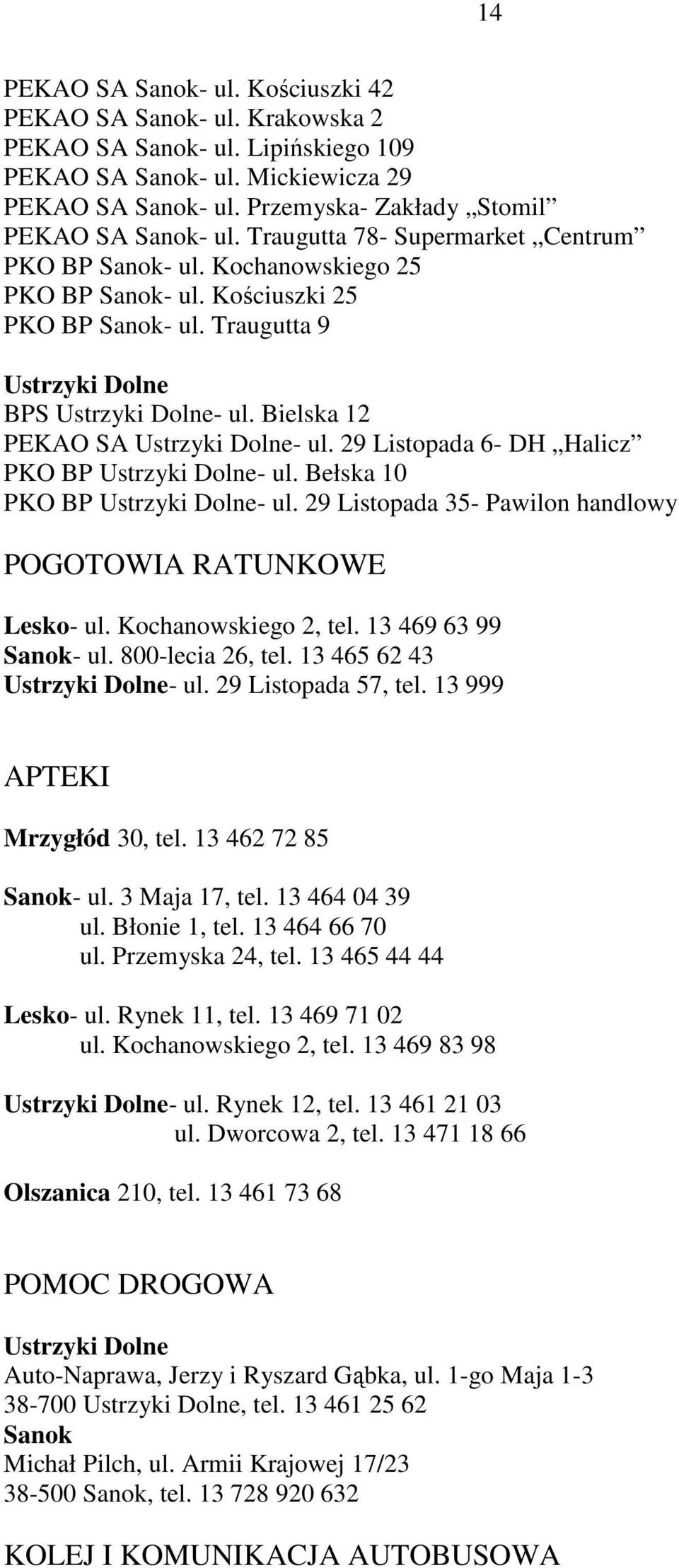 Traugutta 9 Ustrzyki Dolne BPS Ustrzyki Dolne- ul. Bielska 12 PEKAO SA Ustrzyki Dolne- ul. 29 Listopada 6- DH Halicz PKO BP Ustrzyki Dolne- ul. Bełska 10 PKO BP Ustrzyki Dolne- ul.