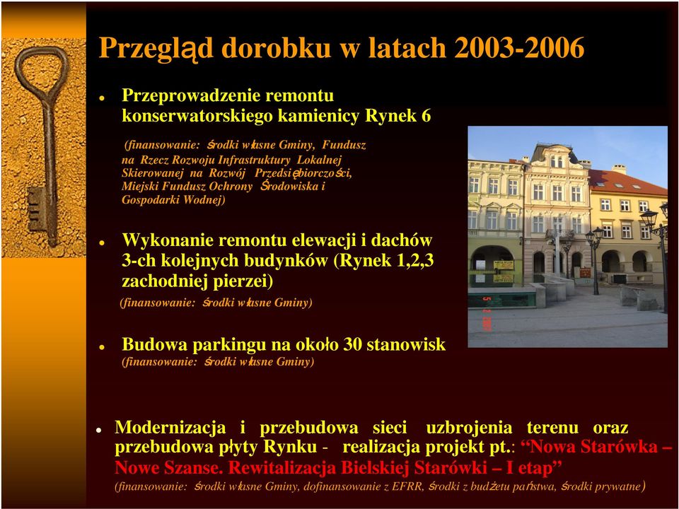 pierzei) (finansowanie: środki własne Gminy) Budowa parkingu na około 30 stanowisk (finansowanie: środki własne Gminy) Modernizacja i przebudowa sieci uzbrojenia terenu oraz przebudowa